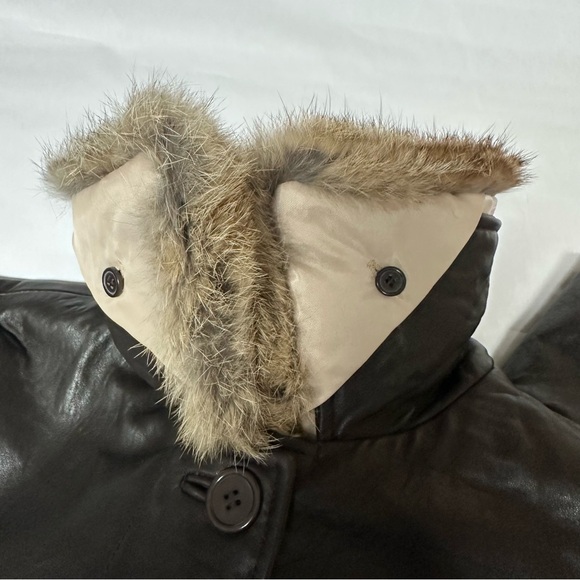 Vintage Long Leather Real Fur Collar Coat Dark Brown Womens Medium - Picture 7 of 12